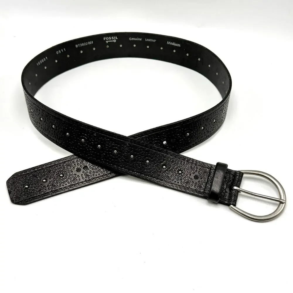 Fossil Boho Western Belt M 30-36 Black Tooled Leather Studded Hippie Cowgirl